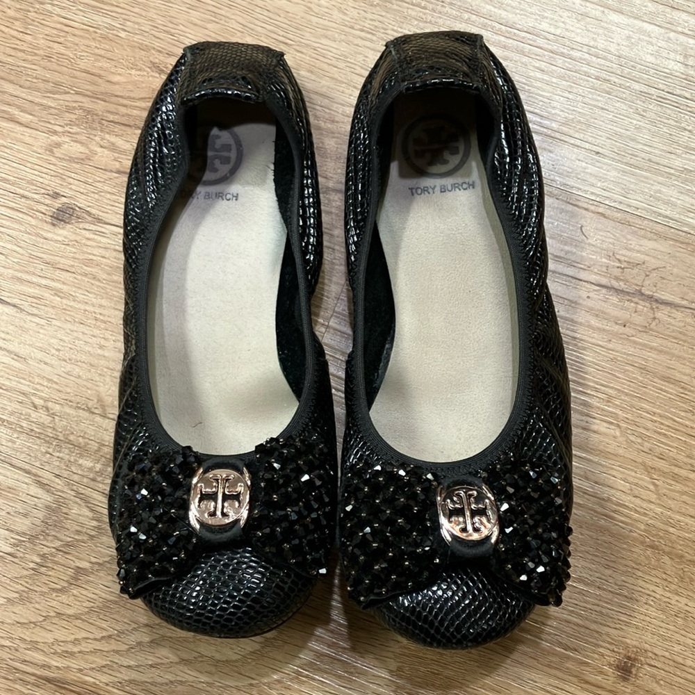 Tory Burch Black Embossed Loafers ballet with embellishments bows Size: 38/7